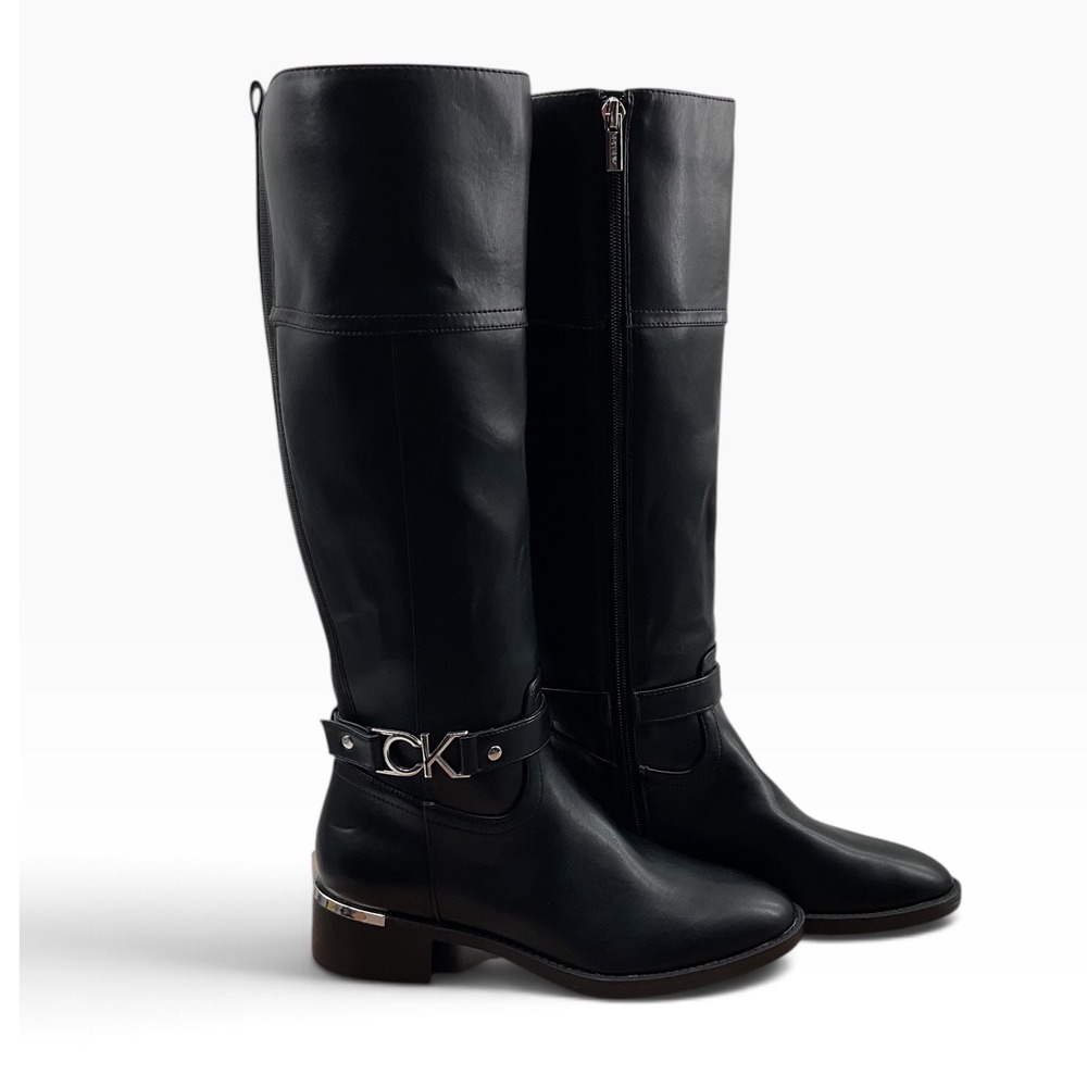 Calvin Klein Daphny Knee High Boot Black Riding Boots Silver Hardware